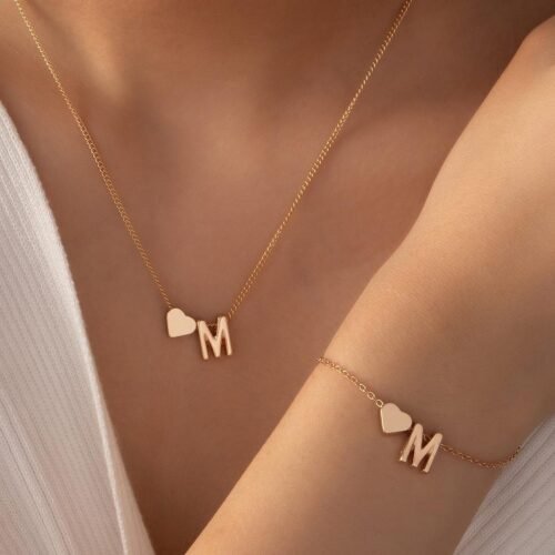 Heart-Shaped Letter Necklace & Bracelet Set